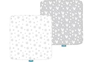 BILOBAN Square Playard/Playpen Fitted Sheets, Perfect for 36 X 36 Portable Playard, 2 Pack, 100% Jersey Knit Cotton Fitted Sheets, Grey Stripes and Hearts Print for Baby Boy and Baby Girl