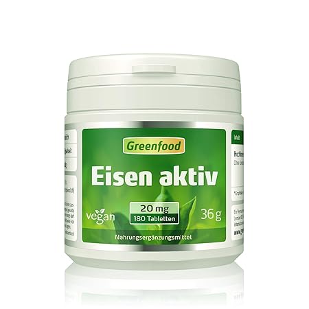 Greenfood Eisen aktiv, 20mg, hochdosiert, optimierte Bioverfügbarkeit. 180 Tabletten