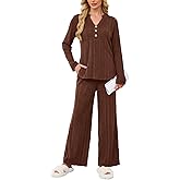 VUTRU Womens Ribbed Knit Lounge Set Long Sleeve Top and Long Pants 2 Piece Outfits Pajamas Sets Sleepwear PJ Sets
