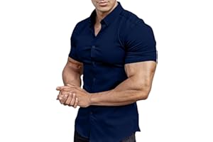 Men's Muscle Fit Dress Shirts Summer Casual Button Down Short Sleeve High Stretch Wrinkle-Free Shirt