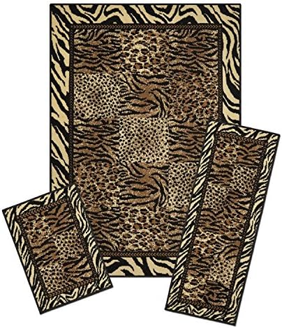 Modern Safari Leopard Tiger Animal Print Bordered 3 Piece Combo Runner Mats Area Rug Set