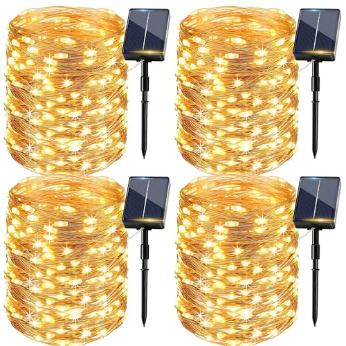 Outdoor Solar Lights, 4 Packs, 15 + 2 M 150 LED Outdoor Solar Light Chain IP65 Waterproof 8 Modes Warm White Copper Wire, Decorative Garden Solar Lights for Tree, Patio, Balcony