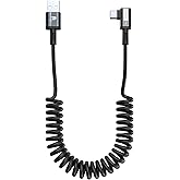 Coiled USB C Cable, Right Angle USB A to USB C Coiled Cable for Android Auto/Carplay, USB Type C Fast Charging Recommended Length [1.5FT-4FT] for iPhone 17/16/15 Series, for Samsung S25 S24 S23