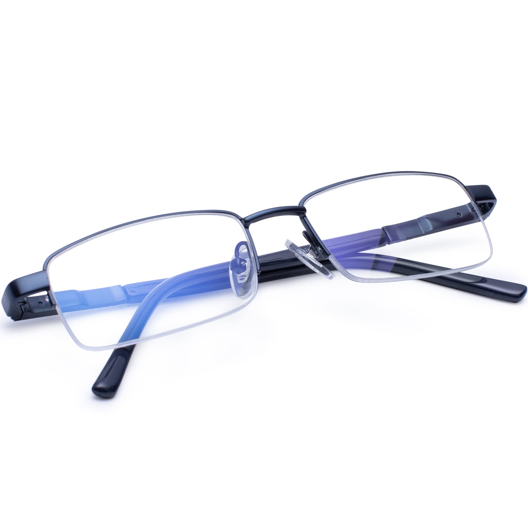 Madison Avenue Blue light Blocking Reading Glasses for Men, Half Frame Metal Readers with Spring Hinges, Anti Eyestrain UV Glare Computer Eyeglasses (Blue, +1.00 magnification)