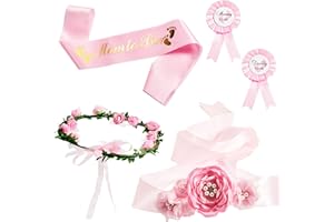 Xinnun 5 Pcs Baby Shower Maternity Sash Kit Shoulder Sash and Pin Daddy Corsages Flower Crown Pregnancy Sash Rose Wreath Headdress for Baby Shower Pregnancy Parents Prop Present Party Favor(Pink)