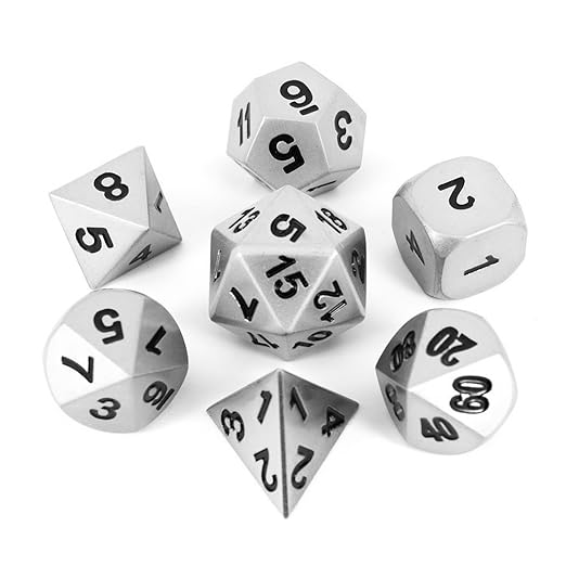 Dicebreaker - Silber Matte Würfel aus schwerem Metall - 7-teiliges Würfelset für Dungeons and Dragons in schwarzer Metallbox