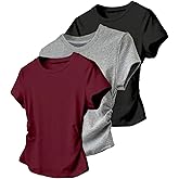 OYOANGLE Girl's 3 Pack Short Sleeve Tight T Shirt Set Crew Neck Ruched Shirts Summer Casual Tops