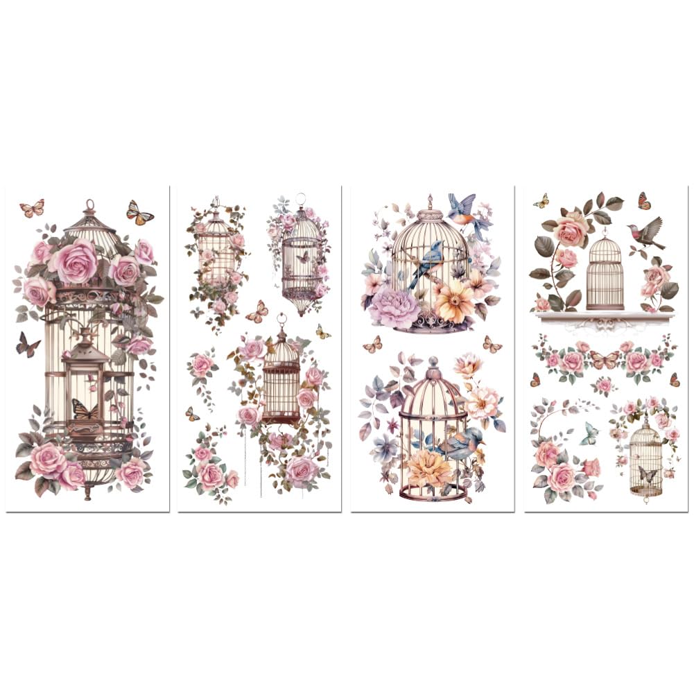 Peacoblue Rub on Transfer Decals for Furniture Crafts 6"x12", 4Pcs Vintage Birdcage Waterproof UV DTF Transfer Decals Sticker for Dresser Lingerie Chests Drawer Glass Porcelain Wood