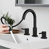 LUFG Pull Down Bathroom Faucet for Sink 3 Hole,8 inch Widespread Matte Black Bathroom Sink Faucet with Pop Up Drain, Water Supply Hoses