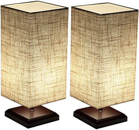 Ewalite Minimalist Romantic Solid Wood Table Lamp With Flaxen Fabric Shade Bedside Desk Lamp For Bedroom, Dresser, Living Room, Baby Room, College Dorm (Square) Set of 2 PCS