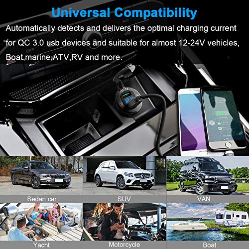 Opluz Dual QC3.0 USB Car Charger, Quickly Charge 4.8A USB Car Socket x2&Waterproof Power Outlet with LED Voltmeter for 12V/24V Car, Boat, Marine, RV, Motorcycle Mobile Build-in 10A Fuse Car Kit-Black - Thumbnail 6