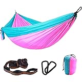 PurjoyCamping Hammock Single & Double Portable Hammocks with 2 Tree Straps (18 Loops/13.2 Ft Total),Lightweight Nylon Parachute Hammocks for Travel,Beach,Backyard,Patio,Hiking(LightBlue/Pink1)