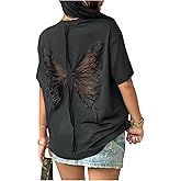 MakeMeChic Women's Butterfly Hollow Out T Shirt Short Sleeve Crew Neck Summer Tee Top