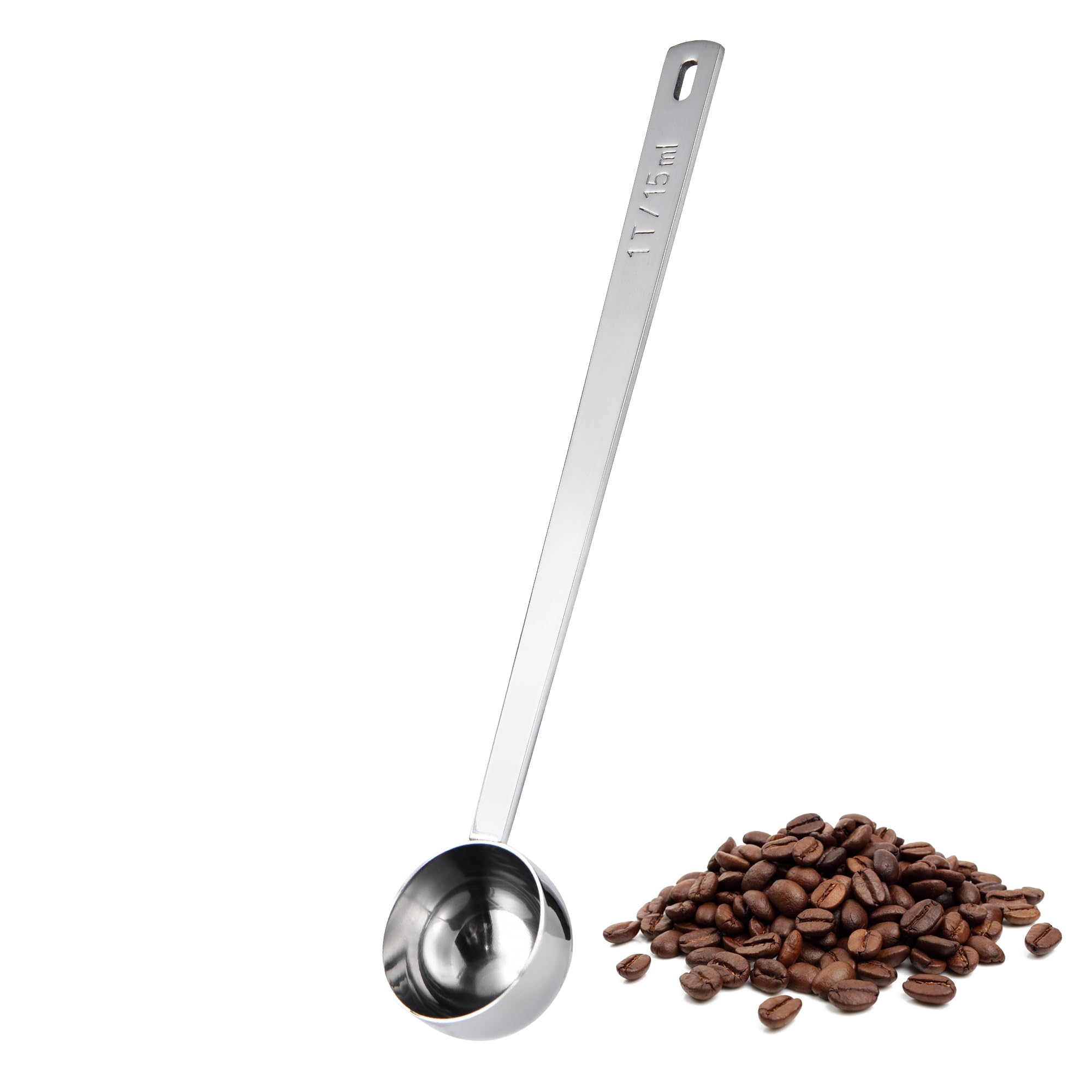 U-Taste 15ml Coffee Scoop: 18/8 Stainless Steel Measuring Coffee Spoon with 17.4cm Long Handle for Ground Coffee, Beans, Powder, Espresso, Ideal for Tall Canister, Jar, Cans (15ml, Silver)