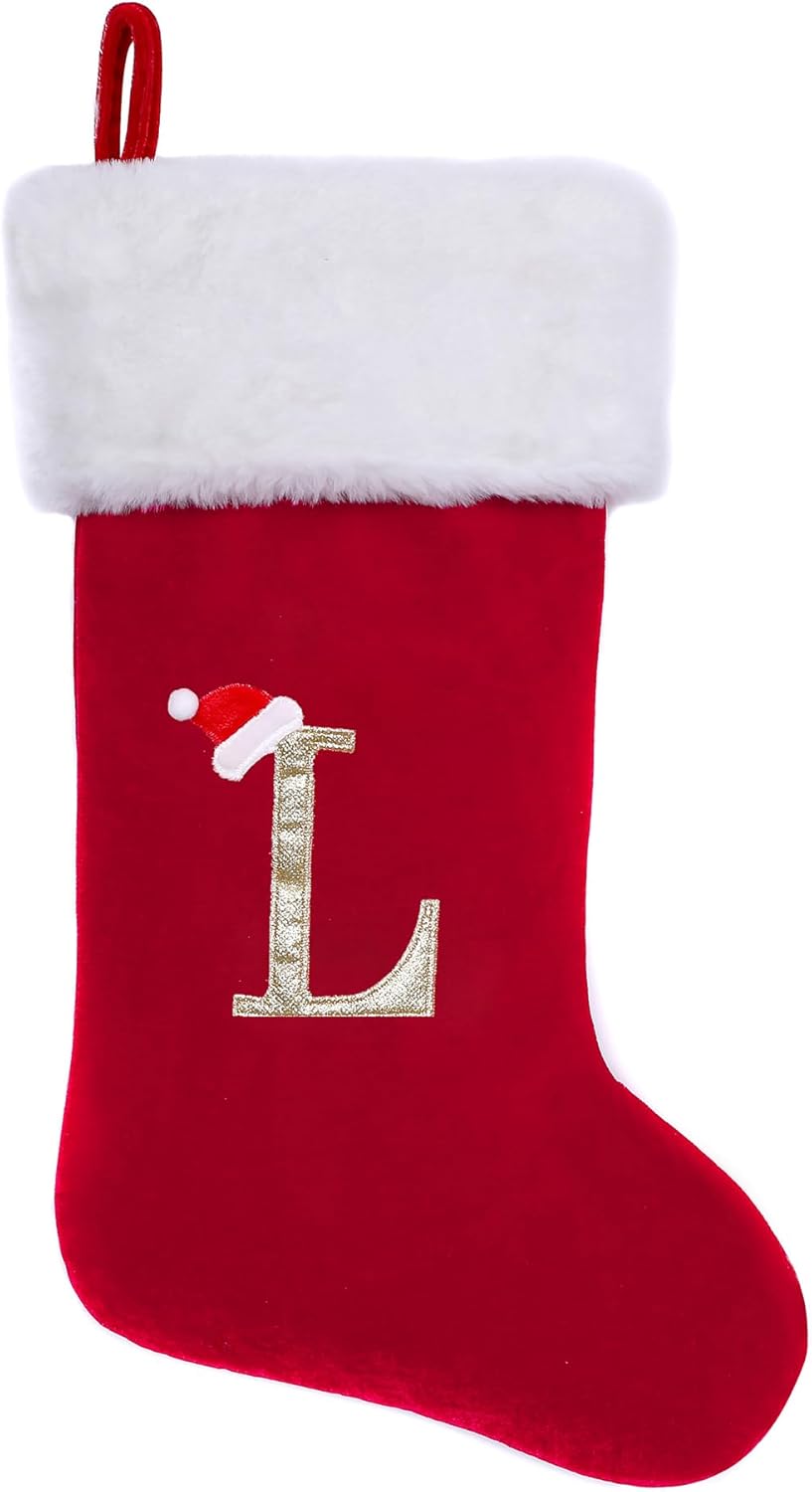 Stockings & Holders - CHOTONIC 20 Inches Red Velvet with White Super Soft Plush Cuff Monogram Initial Christmas Stockings Embroidered with Gold Letter Stockings Xmas Tree Decorating Supplies Festival Creative Decorative