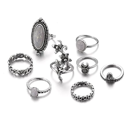 LIXIAQ1 Bohemian Knuckle Ring Set Vintage Blume Baum Rebe Mond Edelstein Silber Crystal Joint Knuckle Ring Set für Frauen