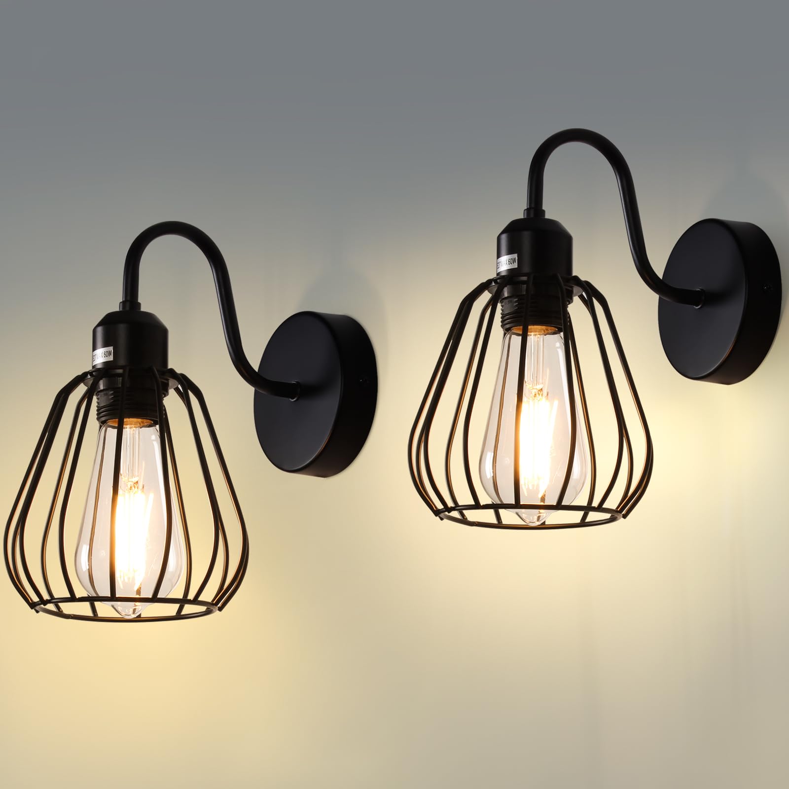 MantoLite 2 Pack Black Wall Lights Simplicity Vintage Industrial Wall Lights Bedside Lamps E27 Edison Bulbs Wall Sconce Lamp Holder for Living Room Bedroom Restaurant Lighting