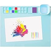 MEKOTRIN Silicone Painting Mat, 20"X16" Art Mat with Cup and Palettes, Silicone Craft Mat has 16 Color Dividers, Paint Mat for Artist Clay DIY Creations(Blue)
