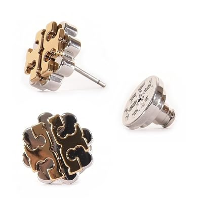 Tory Burch Logo Flower Two Tone Stud Earrings Gold Silver