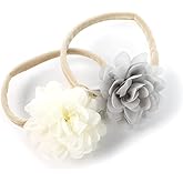My Lello Baby Girl Rounded Petal Chiffon Flower Nylon Elastic Headbands Set 2pcs - Small - Ivory/Gray