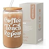 SANDJEST Teacher Glass Can, Coffee Teach Repeat Cup, Coffee Aesthetic Cups, Gift for Christmas Thanksgiving Birthday Teacher Appreciation, Gifts for Women, 16oz