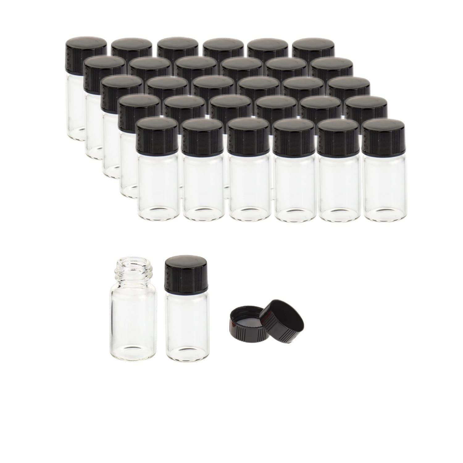 Photo 1 of 3ml Sample Glass Vials with Screw Caps, Lab Storage Empty Bottle, Clear Borosilicate Glass, Black 13-425 Polypropylene Screw Cap with PE Liners, Pack of 100