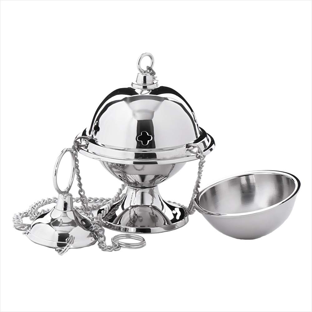 NKlaus Incense Burner with Chain Brass Handmade Incense Burner Incense Burner on Sand silver 9681