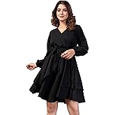 DIVUS Womens Fall Fashion Fancy Neck Knotted Tiered Georgette Elegant Mini Short Swing Skater Dress Wedding Guest Dress
