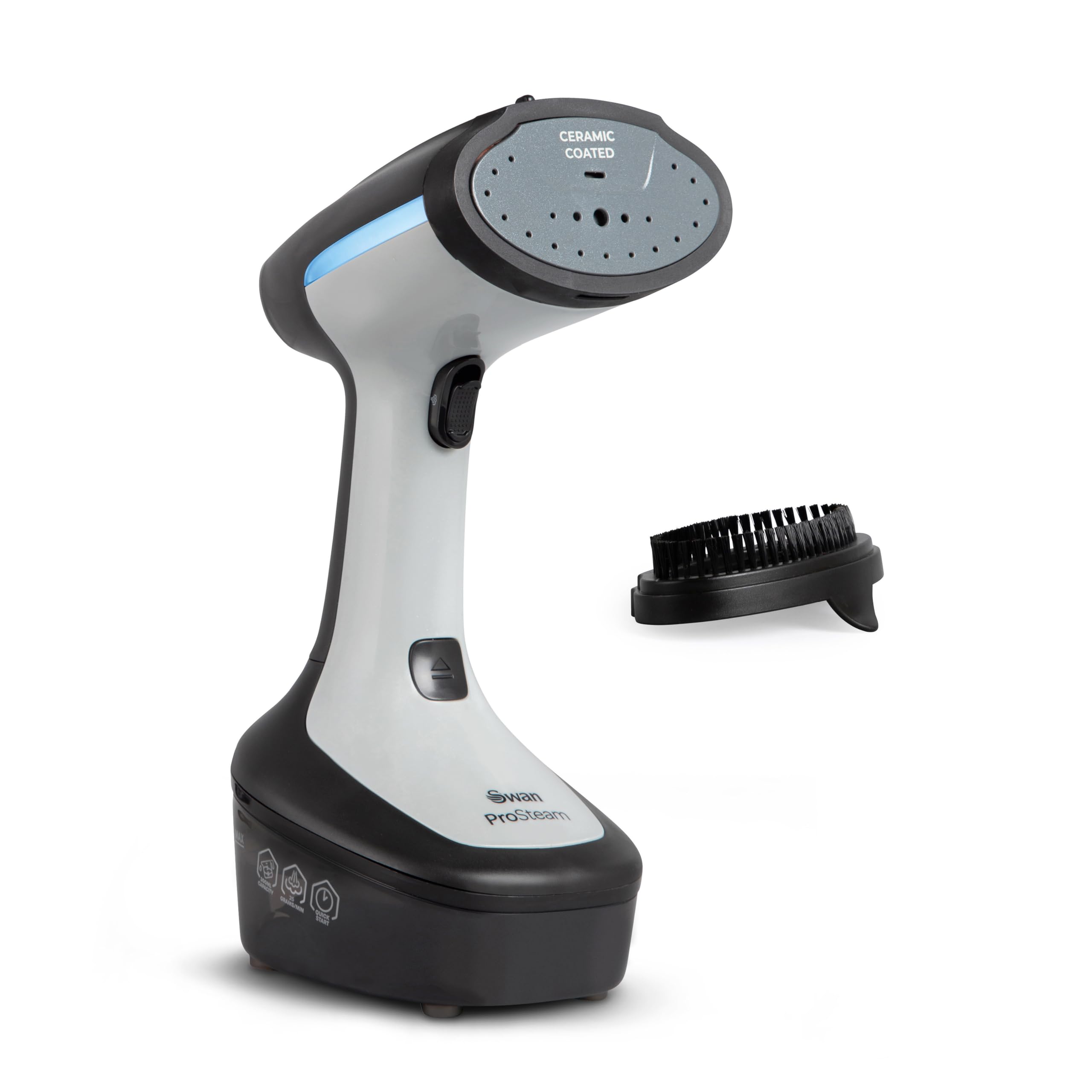 Swan Portable Garment Steamer, Lightweight, Jet Steam, Cloth Friendly Ceramic Coated Steam Panel, Removes Bacteria and Odours, 1500W, 300ml Water Tank, 25 g Steam Rate, SI12022N (Black and White)