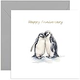 Old English Co. Happy Anniversary Card for Husband Wife - Penguin Wedding Anniversary Card for Mum Dad Special Couple - Watercolour Gold Foil Romantic Cute Card Gift for Them | Blank Inside Envelope