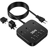 European Travel Plug Adapter, FOVAL EU UK US Power Strip with USB C and 4 USB Ports, 3 AC Outlets, Wall Mountable, 5ft Extension Cord, Compact for Travel, Cruise Ship, Home Office (Black)