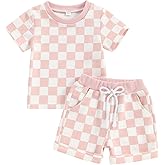 FOCUSNORM Toddler Baby Girl Outfit Newborn Girl Summer Clothes Short Sleeve T Shirt Checkerboard Top Set Elastic Waist Shorts