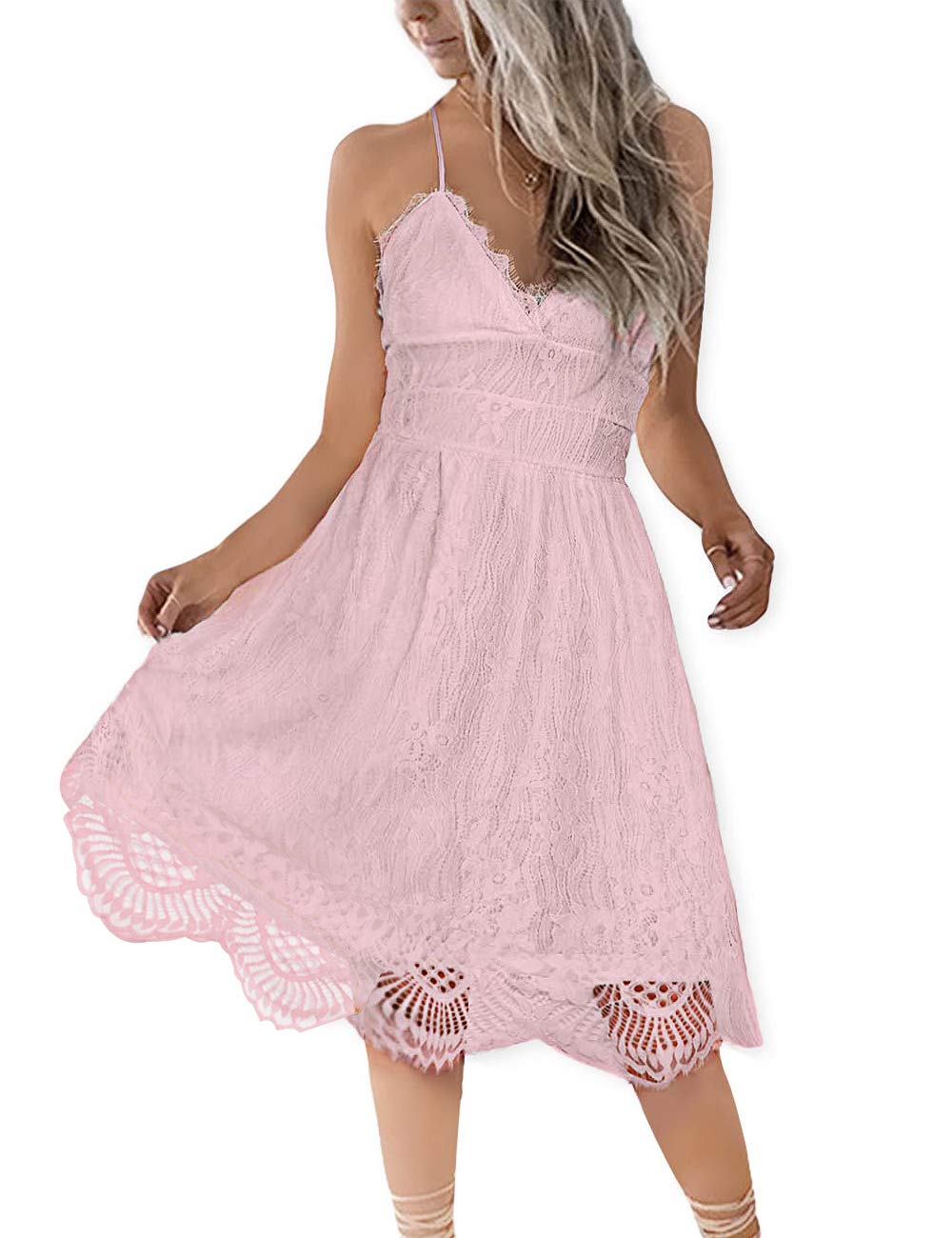 AOOKSMERY Women Summer V-Neck Spaghetti Straps Lace Backless Party Club Beach Mini Midi Dresses