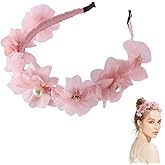 YAFIYGI Flower Headband for Girls Pink Rose Floral Head Band with Flowers Elegant Headbands with Pearls for Women Girl Wedding Party Headdress Non Slip Bands