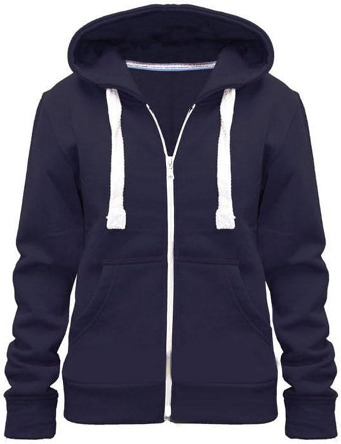 Ladies Plain Zip Up Hoodie Womens Fleece Hooded Top Long Sleeves Front