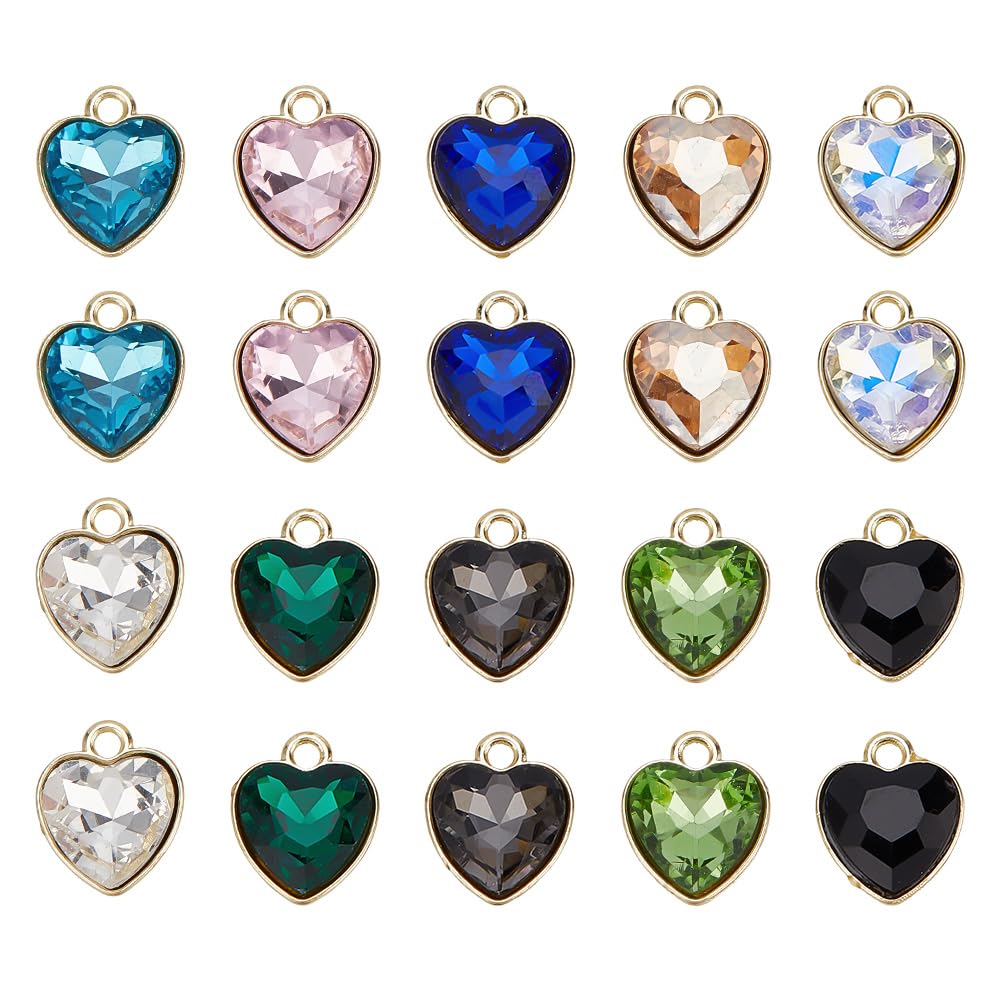 DELORIGIN 20Pcs 10 Color Zirconia Crystal Pendants Heart Rhinestone Charms Golden Alloy Hanging Pendants Decoration for Jewellery Making DIY Craft Necklace Earring Bracelet Making
