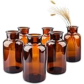 PINIWON Set of 6 Amber Bud Vases, Small Glass Vases, Vintage Medicine Bottles Apothecary Jars with Brush, Flower Vases for Home Decor, Wedding Centerpieces