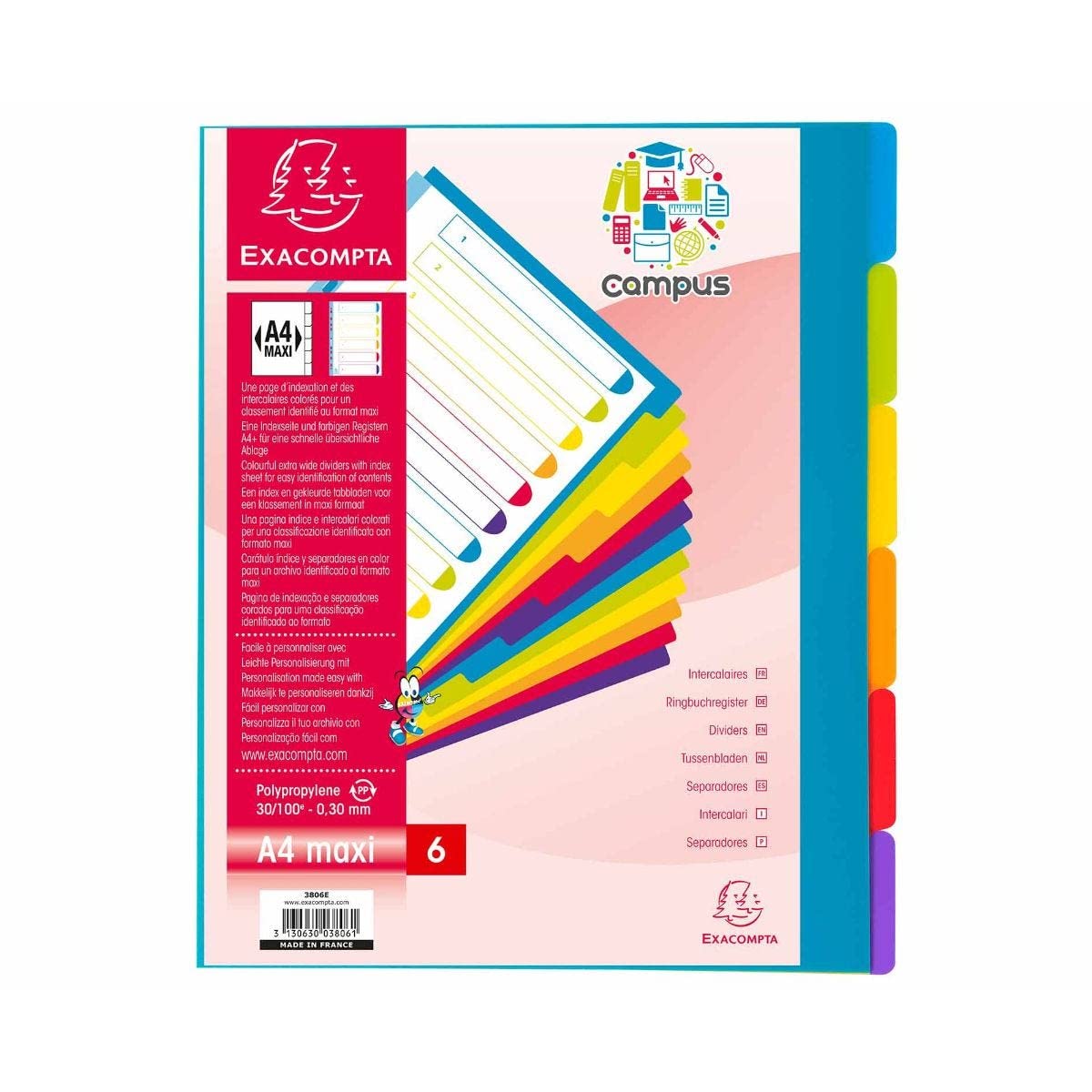 Exacompta - Ref 3806E - Box of 25 semi-Opaque Rigid Polypropylene dividers with 6 Campus Neutral tabs - Printable indexing Page - A4 Maxi File Format - Translucent Colours
