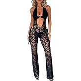 LXUAMR Sexy Jumpsuits for Women Hollow Out See Through Halter Jumpsuit Lace Backless Flare Jumpsuit Club Outfits