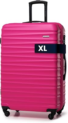 Valise Grande Taille Valise de Voyage à roulettes Coque Rigide ABS 4 roulettes Spinner Serrure à Combinaison Poignée télescopique Groove Line Taille XL Rose Air France/Easyjet/Ryanair