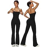 INKEEP Women's Jumpsuit Adjustable Spaghetti Strap Romper Flare Leg Bodycon One Piece with Scoop Neck Tummy Control Jumpsuit
