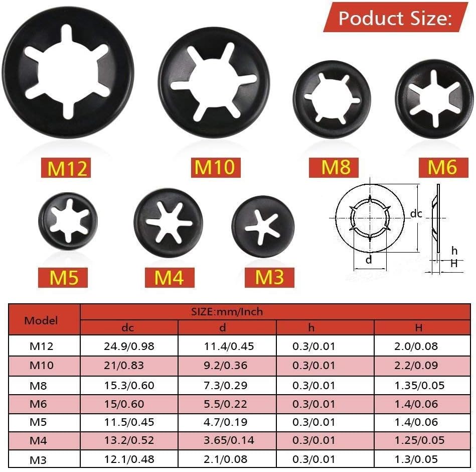 Internal Tooth Quicklock Starlock Locking Washers, 500 Pieces Metric M3 M4 M5 M6 M8 M10 M12 Black Oxide Finish Quick Speed Locking Fasteners Assortment - Image 4