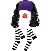 LUZTACT Women's Clown Costume Accessories Set With Purple Hat Wig Black And White Stripes Socks Clown Nose for Halloween Cosplay Party (Purple)