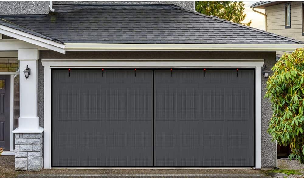 Garage Door Screen - 2 Car 16x7Ft Magnetic Closure Heavy Duty Weighted Bottom Screen Self Sealing Fiberglass Mesh Retractable Net - Easy Assembly & Pass-Through(Black) - - 