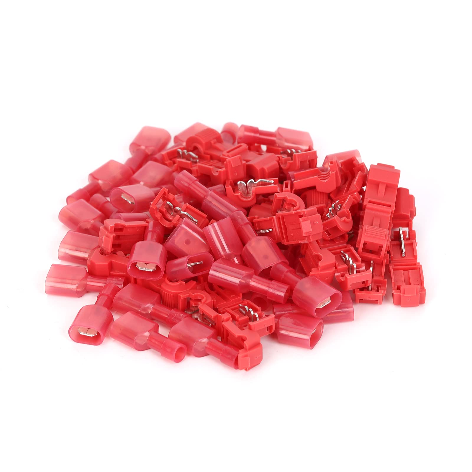 Ruimou 50Pcs Red AWG22-18 T-Type Self-Stripping Quick Connector+Nylon Male Insulated Quick Spade Disconnect Terminal for Wire,Car (Red)