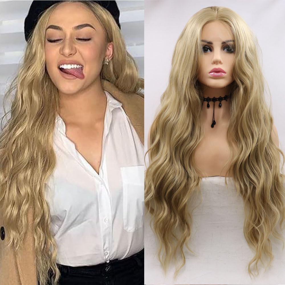 Xiweiya Blonde Curly Hair Long Goldden Wigs Middle Parting Glueless Synthetic Lace Front Wig Natural Looking Ash Blonde Hair Accession Anime Cosplay Wig Drag Queen Hair 24 Inch