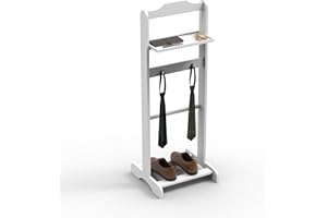 PUPPYWARM Valet Stand for Men, Suit Valet Stand with Top Tray, Hat Holder, Coat Hanger, Tie & Belt Hooks and Shoe Rack for Entryway Office Living Room Room (White)