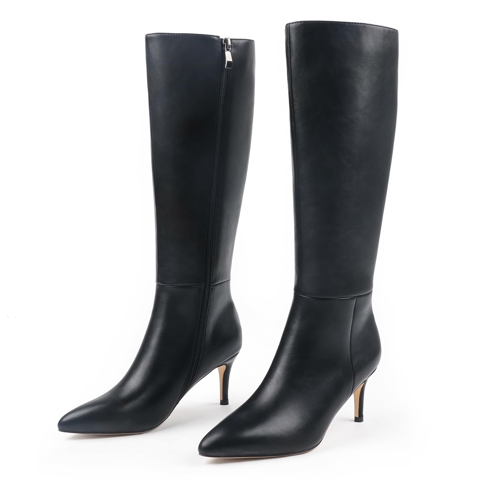 Photo 1 of JOY IN LOVE Women's Knee High Tall Boots 2.75" Stiletto Heel Pointed Toe Zipper Boots Black Matte US9