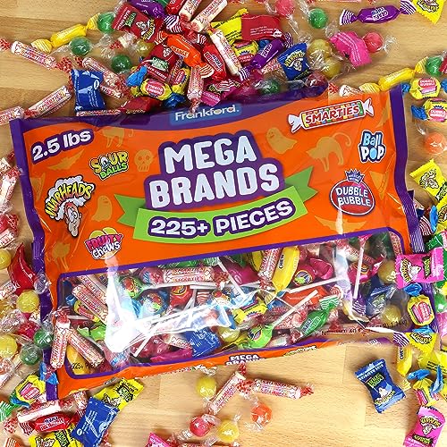 FRANKFORD MEGA VARIETY 2.5 POUND BULK CANDY BAG WITH WARHEADS, FRUITY CHEWS, SOUR BALLS, LOLLIPOPS, DOUBLE BUBBLE GUM, AND SMARTIES, OVER 225 PIECES