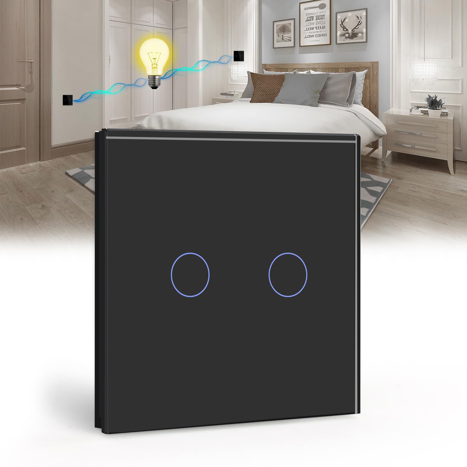 BSEED Touch Light Switch 2 Gang 2 Way, Tempered Glass Panel Light Switches with LED Indicator, Black Touch Sensitive Light Switch-No Neutral Wire — image 1